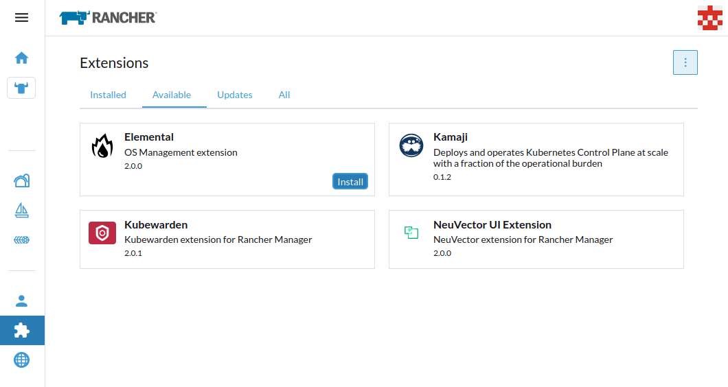 Rancher Manager Available plugins